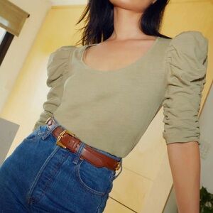 Nation LTD NWOT Julietta ruched sleeve tee in White Sz L Pima Cotton Retail $138